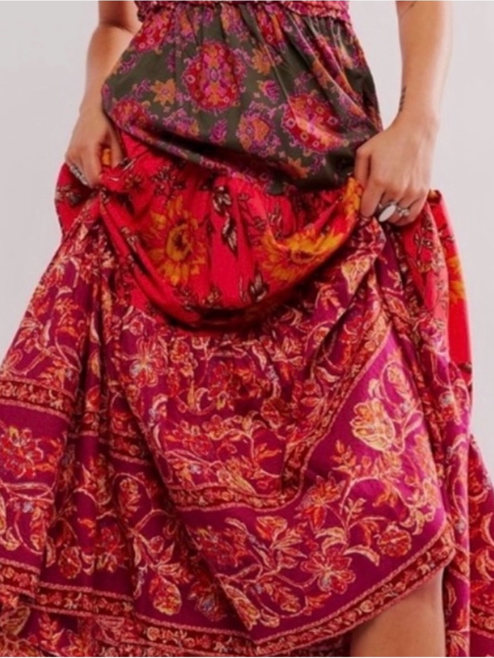 Free People Coral and Pink Floral Tiered Maxi Dress with Tie Straps - Picture 3 of 5
